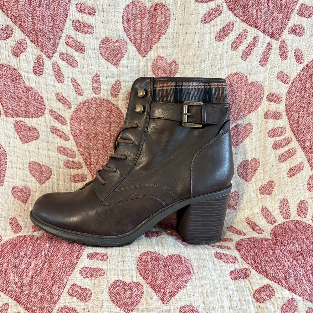 Brown Ankle Boots with Plaid Accent